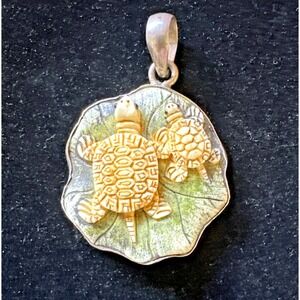VTG Hand Carved Mom & Child Turtles Modernist Oxidized Pendant‎ 925 Ocean EUC